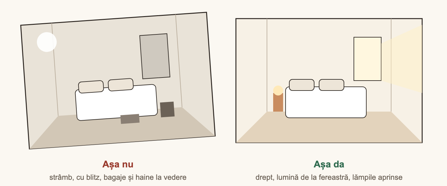 Comparație între o poză greșită și una corectă a unei camere